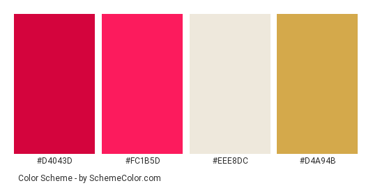 Tie Up My Pink - Color scheme palette thumbnail - #d4043d #fc1b5d #eee8dc #d4a94b 