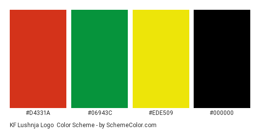 KF Lushnja Logo - Color scheme palette thumbnail - #d4331a #06943c #ede509 #000000 