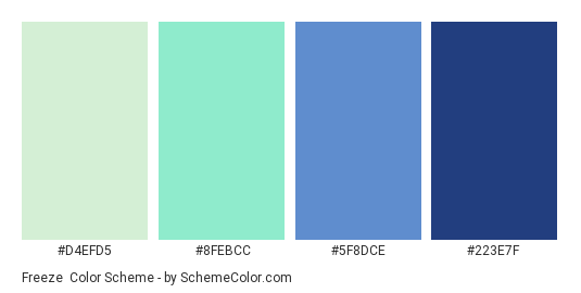 Freeze - Color scheme palette thumbnail - #d4efd5 #8febcc #5F8DCE #223E7F 