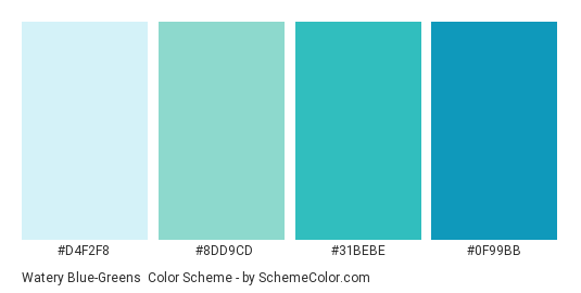 Watery Blue-Greens - Color scheme palette thumbnail - #d4f2f8 #8dd9cd #31bebe #0f99bb 