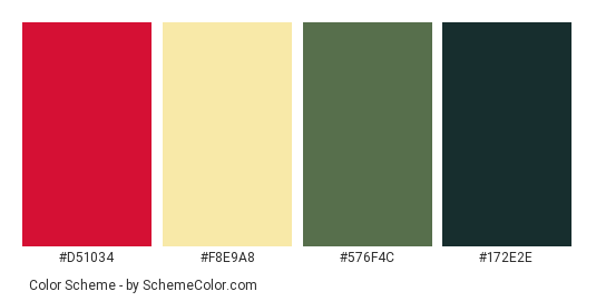 Holiday Decoration - Color scheme palette thumbnail - #d51034 #f8e9a8 #576f4c #172e2e 