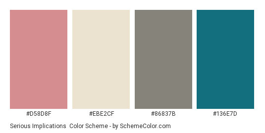 Serious Implications - Color scheme palette thumbnail - #d58d8f #ebe2cf #86837b #136e7d 