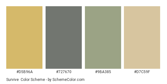 Survive - Color scheme palette thumbnail - #d5b96a #727670 #9ba385 #d7c59f 