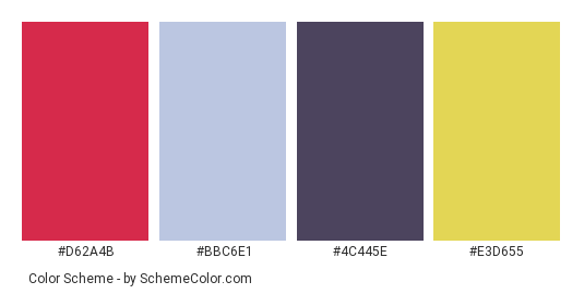 Grapes of Color - Color scheme palette thumbnail - #d62a4b #bbc6e1 #4c445e #e3d655 