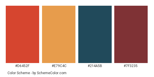 Bright Colored Balcony View Apartment - Color scheme palette thumbnail - #d6452f #e79c4c #214a5b #7f3235 