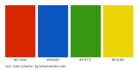 Uno - Color scheme palette thumbnail - #d72600 #0956bf #379711 #ecd407 