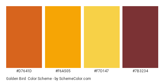 Golden Bird - Color scheme palette thumbnail - #d7641d #f6a505 #f7d147 #7b3234 