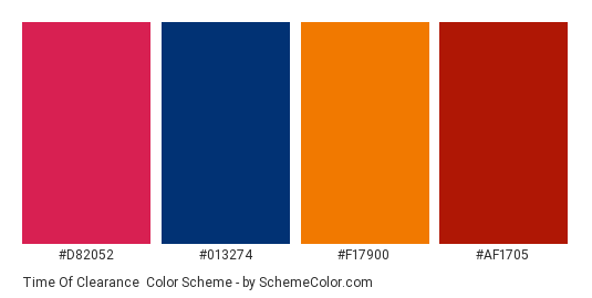 Time of Clearance - Color scheme palette thumbnail - #d82052 #013274 #f17900 #af1705 