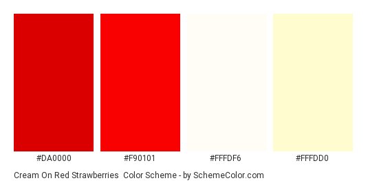 Cream on Red Strawberries - Color scheme palette thumbnail - #da0000 #f90101 #fffdf6 #fffdd0 