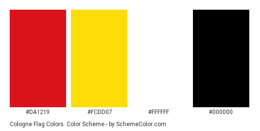 Cologne Flag Colors - Color scheme palette thumbnail - #da1219 #fcdd07 #ffffff #000000 