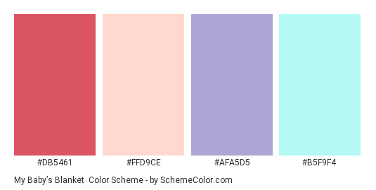 My Baby’s Blanket - Color scheme palette thumbnail - #db5461 #ffd9ce #AFA5D5 #B5F9F4 