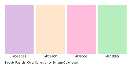 Beauty Pastels - Color scheme palette thumbnail - #dbbde3 #fde6cc #ffbdde #b6eebd 