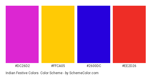 Indian Festive Colors - Color scheme palette thumbnail - #dc26d2 #ffca05 #2600dc #ee2d26 