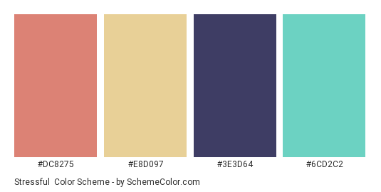 Stressful - Color scheme palette thumbnail - #dc8275 #e8d097 #3e3d64 #6cd2c2 