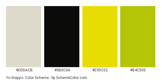 Yo Grappo - Color scheme palette thumbnail - #dddacb #0b0c0a #e9dc02 #b4c505 