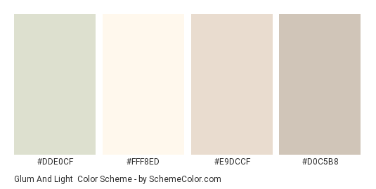 Glum and Light - Color scheme palette thumbnail - #dde0cf #fff8ed #e9dccf #d0c5b8 