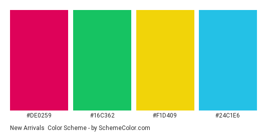 New Arrivals - Color scheme palette thumbnail - #de0259 #16c362 #f1d409 #24c1e6 