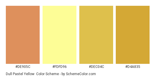 Dull Pastel Yellow - Color scheme palette thumbnail - #de905c #fdfd96 #dec04c #d4a835 