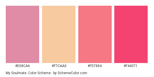 My Soulmate - Color scheme palette thumbnail - #e08ca6 #f7caa0 #f57884 #f44371 