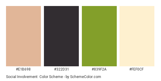 Social Involvement - Color scheme palette thumbnail - #e1b698 #322d31 #839f2a #fef0cf 