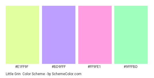 Little Grin - Color scheme palette thumbnail - #e1ff9f #bd9fff #ff9fe1 #9fffbd 