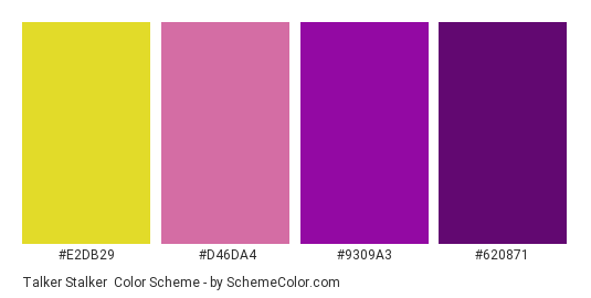 Talker Stalker - Color scheme palette thumbnail - #e2db29 #d46da4 #9309a3 #620871 