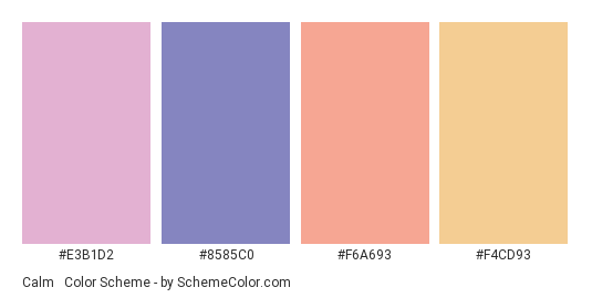 Calm & Serene - Color scheme palette thumbnail - #e3b1d2 #8585c0 #f6a693 #f4cd93 