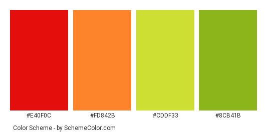 Red and Orange Capsicum - Color scheme palette thumbnail - #e40f0c #fd842b #cddf33 #8cb41b 