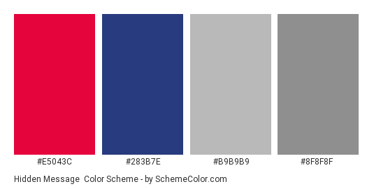 Hidden Message - Color scheme palette thumbnail - #e5043c #283b7e #b9b9b9 #8f8f8f 