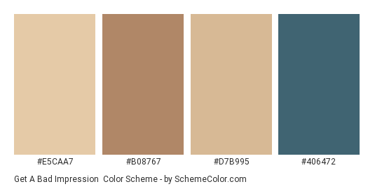Get a Bad Impression - Color scheme palette thumbnail - #e5caa7 #b08767 #d7b995 #406472 