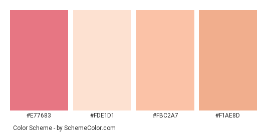 Pale Lipstick - Color scheme palette thumbnail - #e77683 #fde1d1 #fbc2a7 #f1ae8d 