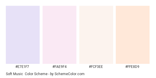 Soft Music - Color scheme palette thumbnail - #e7e1f7 #fae9f4 #fcf3ee #ffe8d9 