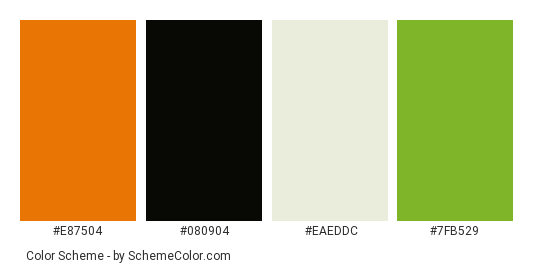 Green Caterpillar - Color scheme palette thumbnail - #e87504 #080904 #eaeddc #7fb529 