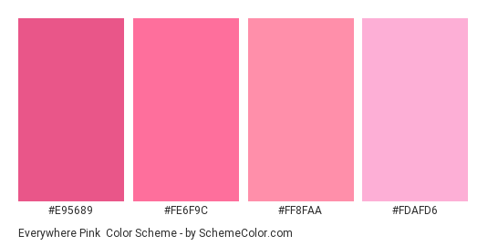 Everywhere Pink - Color scheme palette thumbnail - #e95689 #fe6f9c #ff8faa #fdafd6 