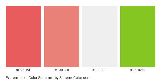 Watermelon - Color scheme palette thumbnail - #e95c5e #e98178 #efefef #85c623 