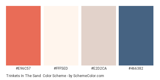 Trinkets in the Sand - Color scheme palette thumbnail - #e96c57 #fff5ed #e2d2ca #466382 