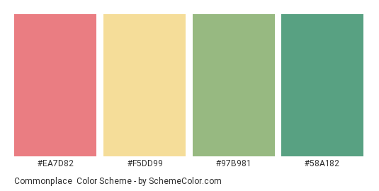 Commonplace - Color scheme palette thumbnail - #ea7d82 #f5dd99 #97b981 #58a182 