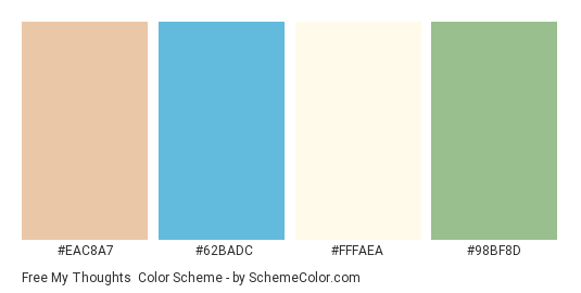 Free My Thoughts - Color scheme palette thumbnail - #eac8a7 #62badc #fffaea #98bf8d 