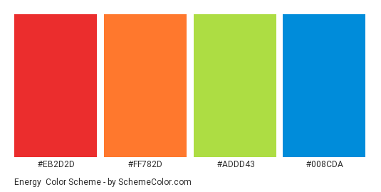 Energy - Color scheme palette thumbnail - #eb2d2d #FF782D #ADDD43 #008CDA 