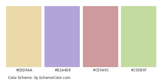 Tea and Macaroons - Color scheme palette thumbnail - #ebd9aa #b2a4d8 #ce9a9c #c3db9f 