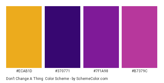 Don’t Change a Thing - Color scheme palette thumbnail - #ecab1d #370771 #7f1a98 #b7379c 