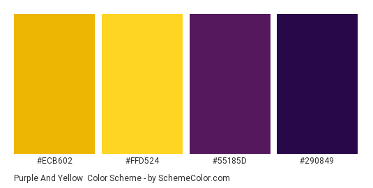 Purple and Yellow - Color scheme palette thumbnail - #ecb602 #ffd524 #55185d #290849 