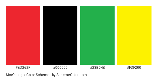Moe’s Logo - Color scheme palette thumbnail - #ed262f #000000 #23b04b #fdf200 