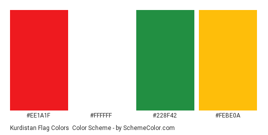 Kurdistan Flag Colors - Color scheme palette thumbnail - #ee1a1f #ffffff #228f42 #febe0a 