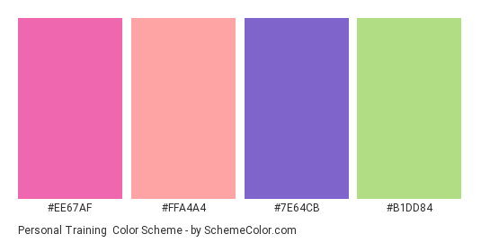 Personal Training - Color scheme palette thumbnail - #ee67af #ffa4a4 #7e64cb #b1dd84 