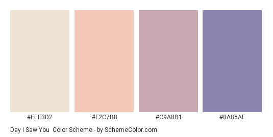 Day I Saw You - Color scheme palette thumbnail - #eee3d2 #f2c7b8 #c9a8b1 #8a85ae 