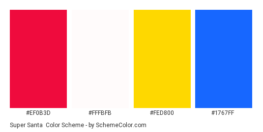 Super Santa - Color scheme palette thumbnail - #ef0b3d #fffbfb #fed800 #1767ff 