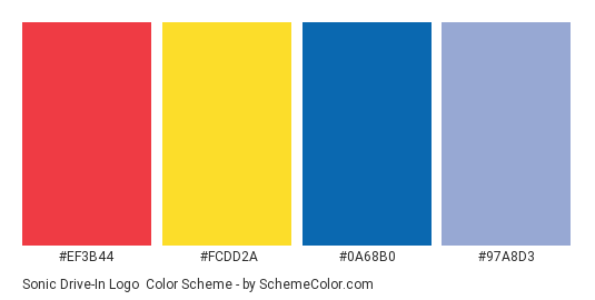 Sonic Drive-In Logo - Color scheme palette thumbnail - #ef3b44 #fcdd2a #0a68b0 #97a8d3 