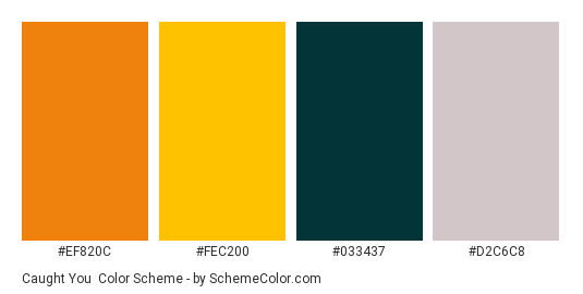 Caught You - Color scheme palette thumbnail - #ef820c #fec200 #033437 #d2c6c8 