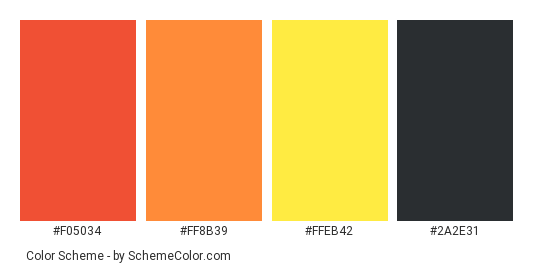 Lava on Black Rock - Color scheme palette thumbnail - #f05034 #ff8b39 #ffeb42 #2a2e31 